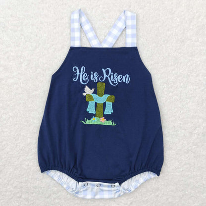 SR0565 Embroidered cross Navy blue blue-white checkered vest onesie