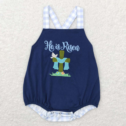 SR0565 Embroidered cross Navy blue blue-white checkered vest onesie