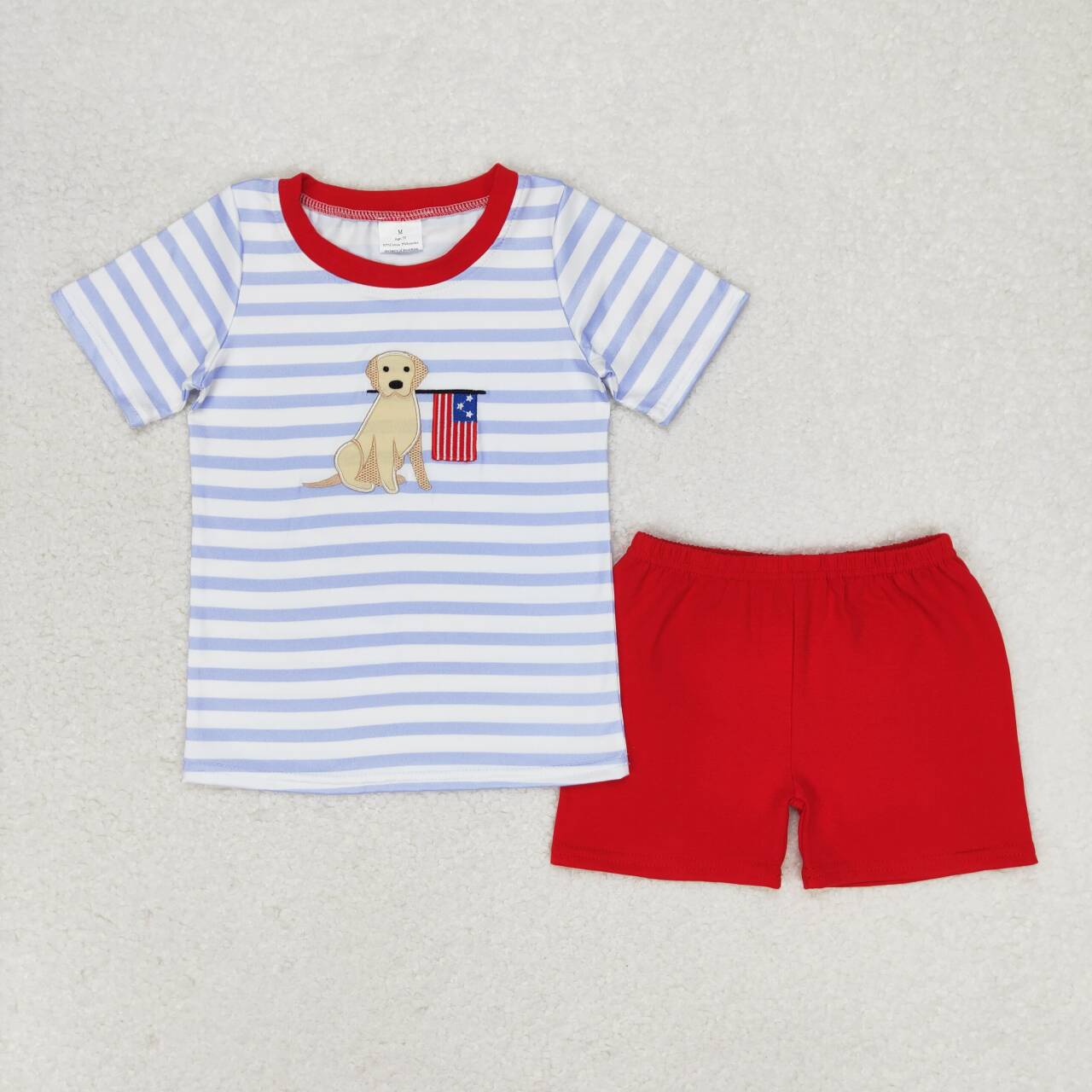 BSSO0619 4th of July Embroidered puppy flag striped short sleeve red shorts set