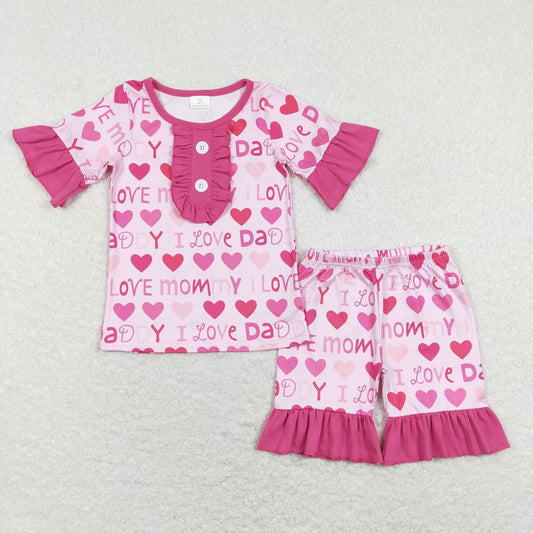GSSO0445 Valentine's Day Letter Love Rose Pink Short Sleeve Shorts Set