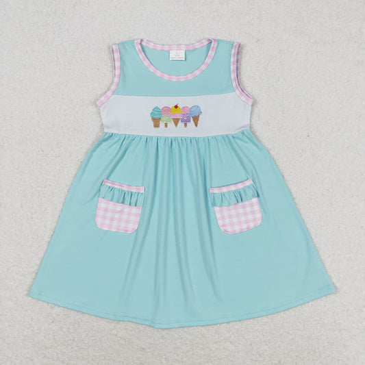 GSD0956 Embroidered ice cream cream plaid pocket teal sleeveless dress