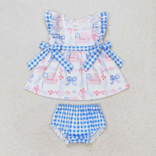 GBO0363 4th of July Floral blue bow flag plaid flying sleeve briefs suit