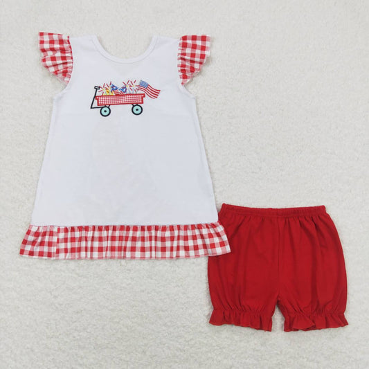 SSO0662 4th of July Embroidered fireworks flag cart red plaid lace flying sleeve shorts set