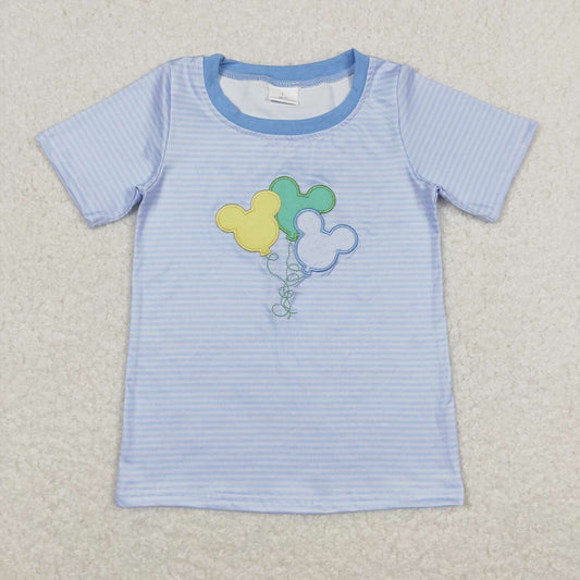 BT0482 Embroidered balloon blue striped short-sleeved top
