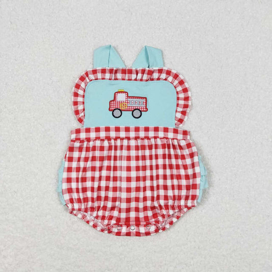 SR0958 Embroidered fire engine red plaid blue lace vest onesie