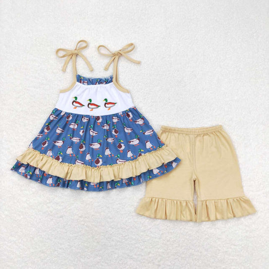 GSSO0697 Embroidered duck light brown lace blue halter shorts set