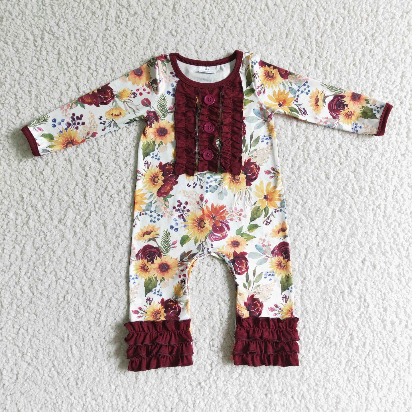 LR0009 Baby girls maroon ruffle floral fall romper