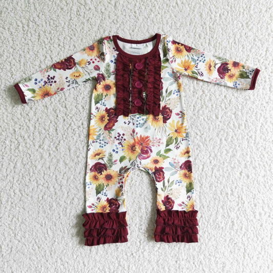 LR0009 Baby girls maroon ruffle floral fall romper