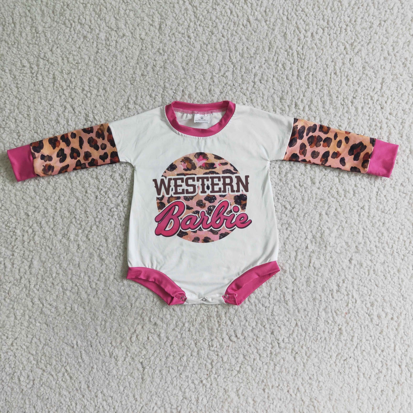 LR0033 Baby Girls Western Pink Leopard Long Sleeve Romper