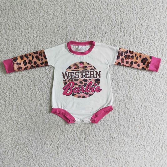LR0033 Baby Girls Western Pink Leopard Long Sleeve Romper