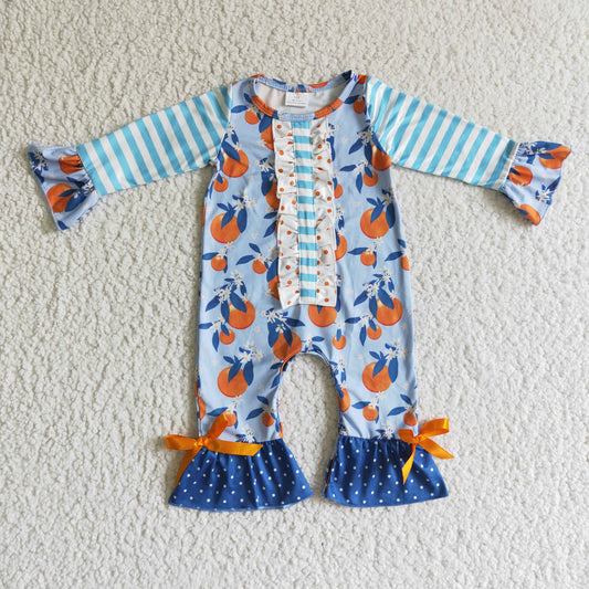 LR0172 Fall Girl Orange Fruit Striped Romper