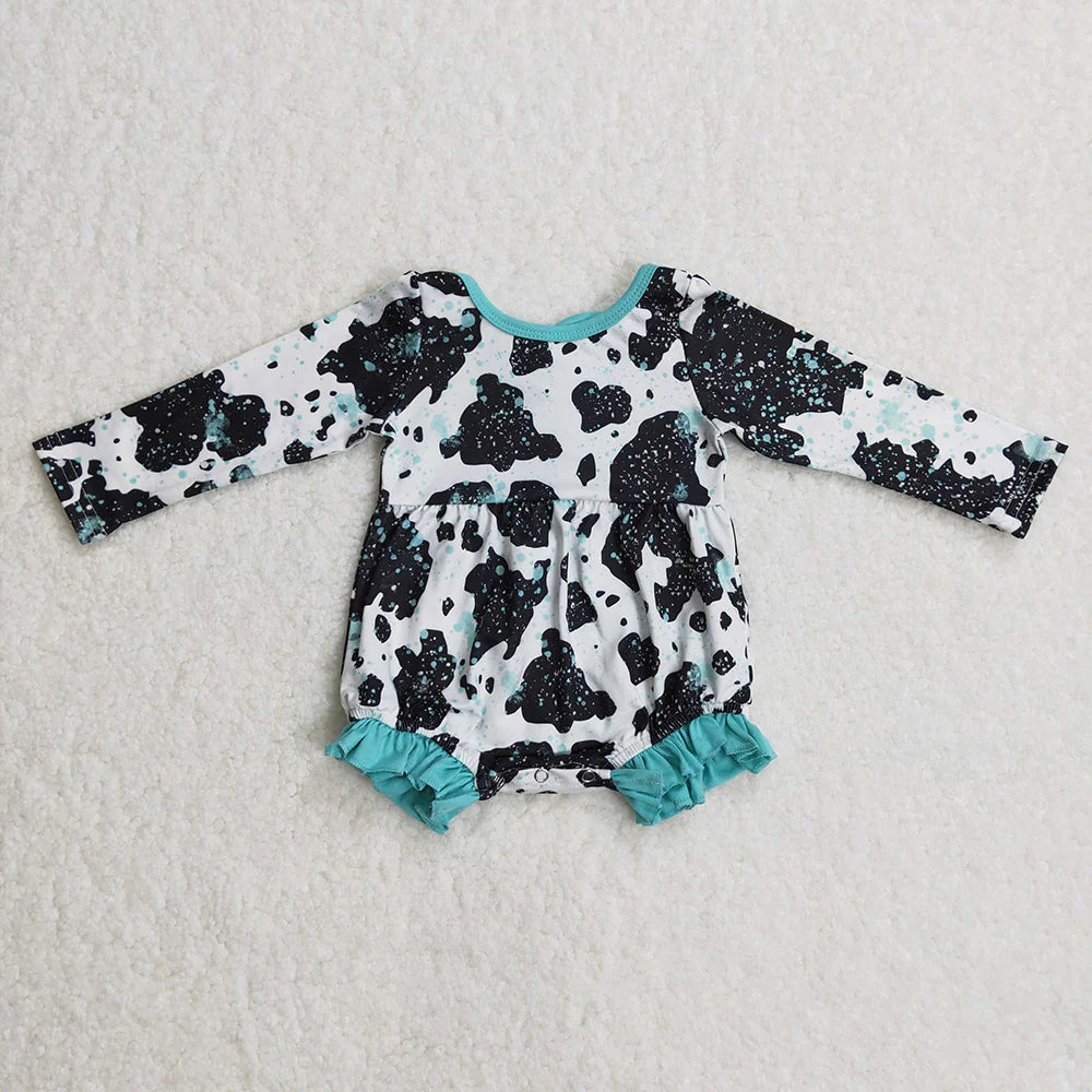 Sibling Baby Girls Cow Turquoises Ruffle Pants Western Clothes Sets Knee Length Dress Rompers C12.2