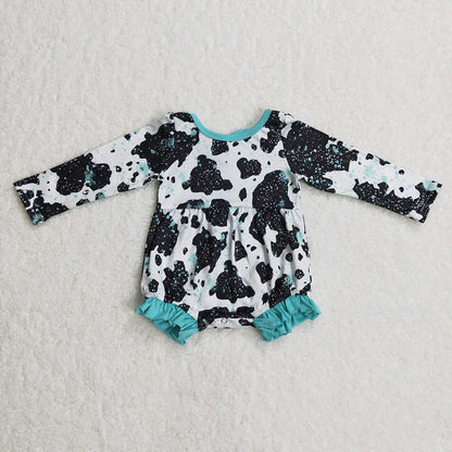 Sibling Baby Girls Cow Turquoises Ruffle Pants Western Clothes Sets Knee Length Dress Rompers C12.2