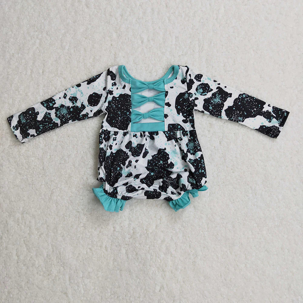 Sibling Baby Girls Cow Turquoises Ruffle Pants Western Clothes Sets Knee Length Dress Rompers C12.2