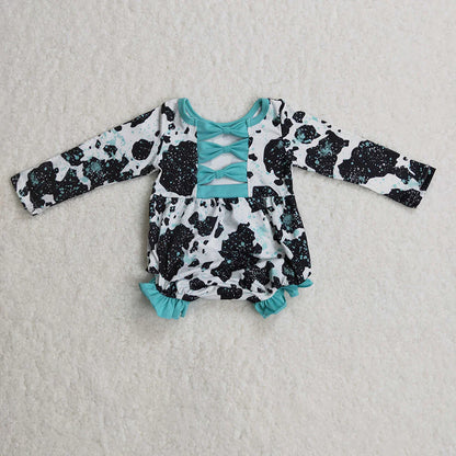 Sibling Baby Girls Cow Turquoises Ruffle Pants Western Clothes Sets Knee Length Dress Rompers C12.2