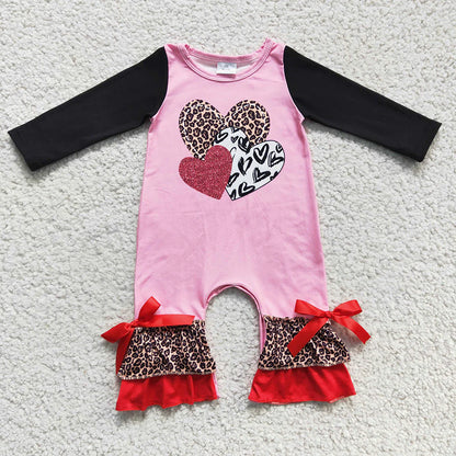 Sibling Baby Girls Leopard Hearts Tunic Ruffle Pants Valentines Clothes Set Footie Rompers C12.2