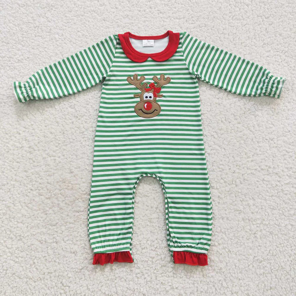 Family Sibling Mama Kids Christmas Embroidery Deer Stripe Clothes Sets Rompers Dresses C11.27