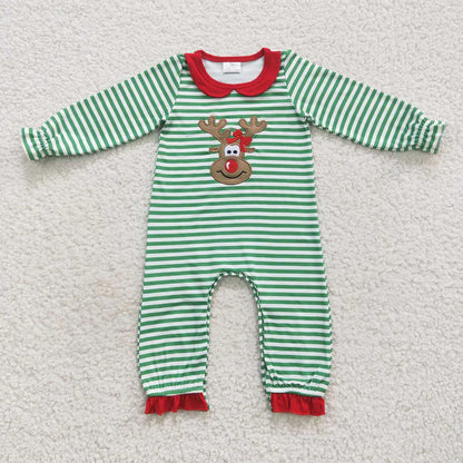 Family Sibling Mama Kids Christmas Embroidery Deer Stripe Clothes Sets Rompers Dresses C11.27