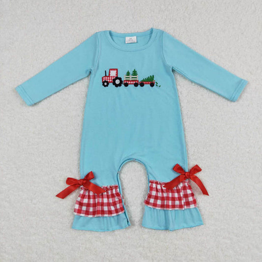 LR0499 Embroidery Christmas Tree Truck Red Plaid Blue Long Sleeve Jumpsuit