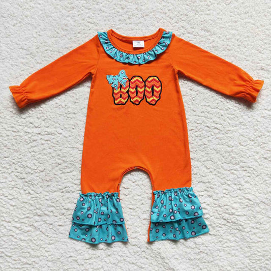LR0619 Embroidered boo letter bow Lace Orange long sleeve onesie