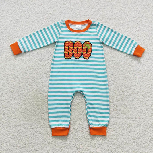 LR0620 Embroidered boo letters Blue and white striped long sleeve onesie