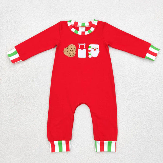 LR0629 Embroidery Cookies Milk Santa Red Green White Striped Long Sleeve Jumpsuit
