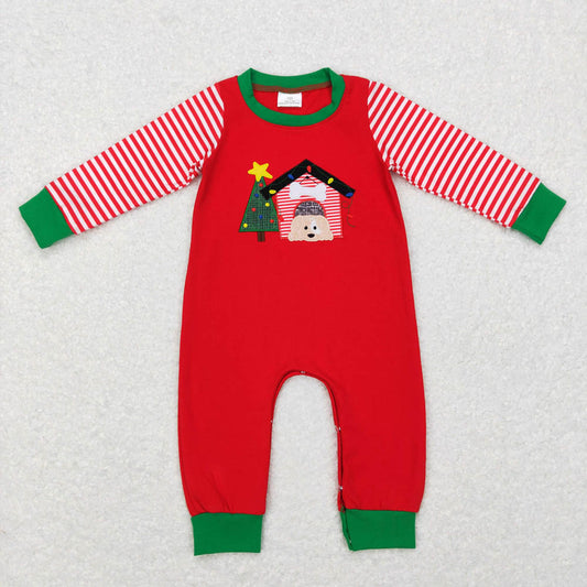 LR0659 Embroidery Star Christmas Tree Puppy House Red Striped Onesie
