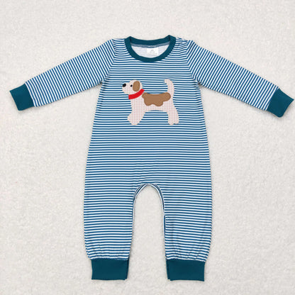 Sibling Embroidery Dogs Baby Boys Blue Stripe Shirt Pants Clothes Sets Footie Rompers C11.1