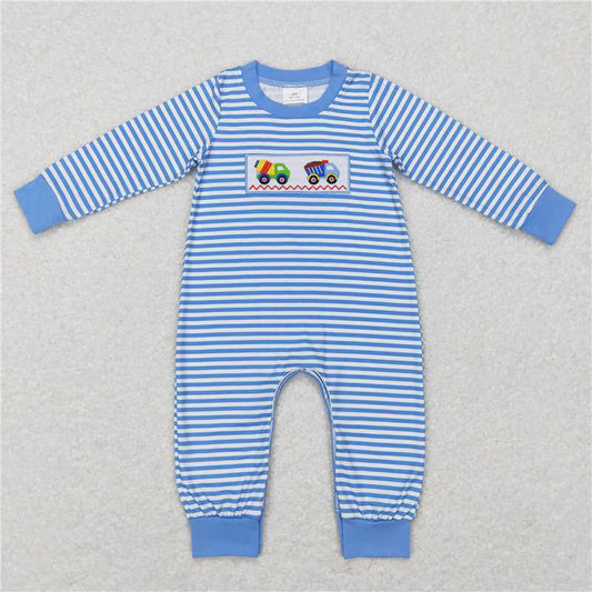 BLP0393 Embroidery Mixer Truck Engineering Vehicle Blue and White Striped Trousers