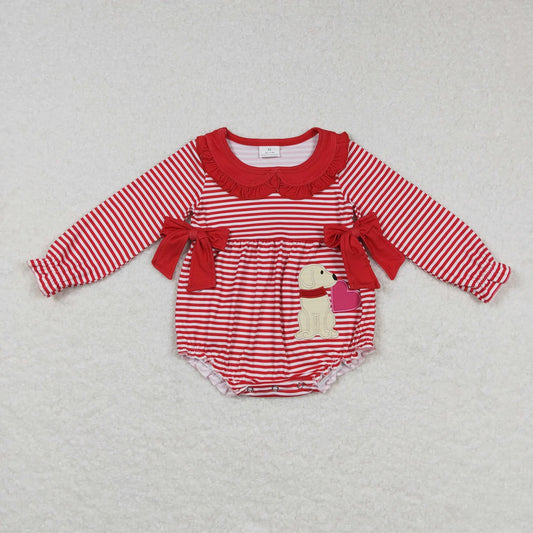 Sibling Baby Girls Red Stripes Bows Embroidery Dog Hearts Valentine Clothes Sets Dress Romper C11.6