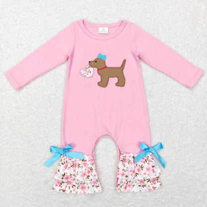 Sibling Baby Girls Embroidery Floral Heart Dogs Ruffle Pant Valentines Clothes Sets Footie Rompers C11.29