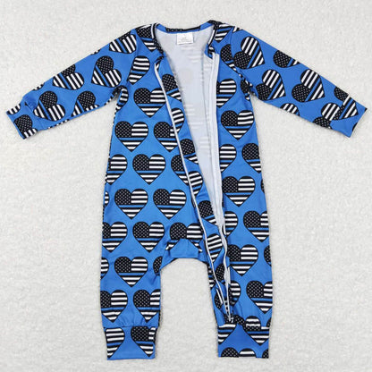 LR0850 Stars and Stripes Love Blue Zipper Long Sleeve Jumpsuit