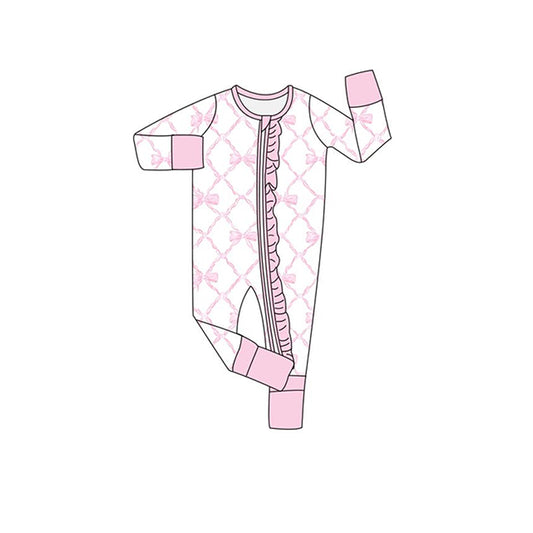 LR0921 girl Bow pattern Pink lace zipper long sleeve onesie for pre-sale