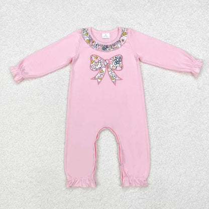 Sibling Embroidery Floral Bows Baby Girls Ruffle Pants Clothes Footie Rompers C10.28