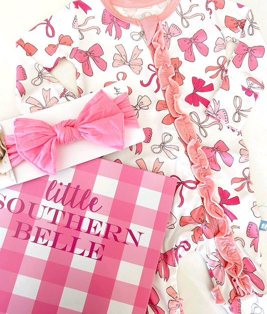 LR1905 Baby Infant Girls Valentines Pink Bows Long Sleeve Rompers preorder