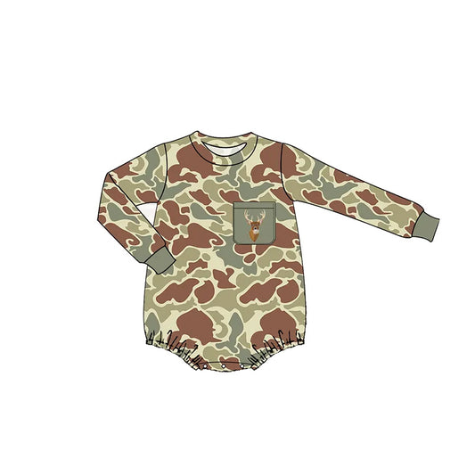 LR2170 Baby Infant Boys Green Camo Deer Pocket Long Sleeve Rompers preorder