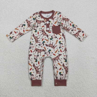 RTS LR2576 Baby Boys Winter Romper Baby Boys Long Sleeve Ducks Dogs Button Pocket Hunting Rompers