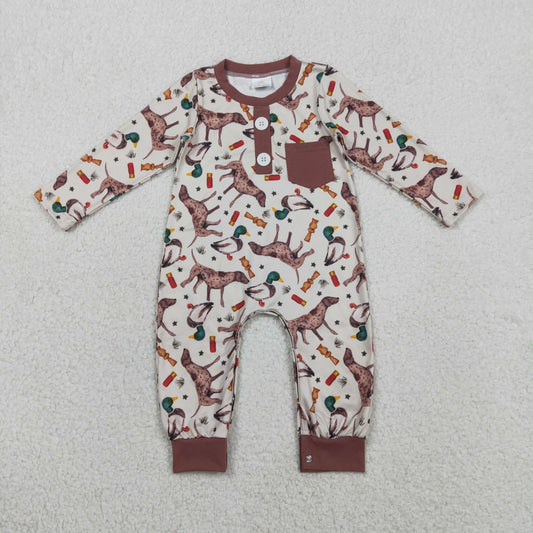 RTS LR2576 Baby Boys Winter Romper Baby Boys Long Sleeve Ducks Dogs Button Pocket Hunting Rompers