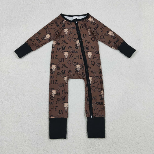 Sibling Baby Boys Brown Bull Skulls Pants Western Pajamas Sets Zipper Footie Rompers C11.14