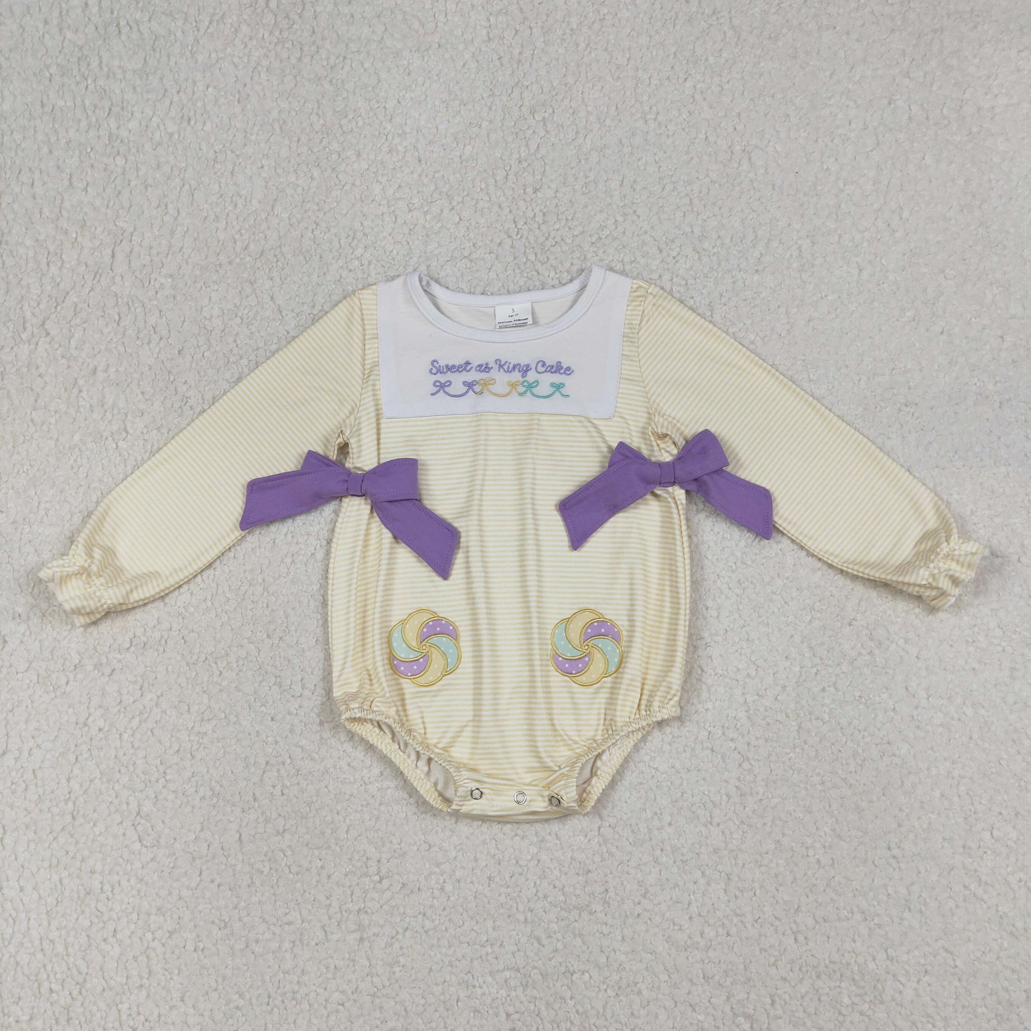 RTS LR2770 Embroidery Sweet as King Cake Baby Girls Mardigras Stripe Ruffle Rompers