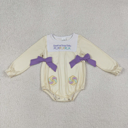 RTS LR2770 Embroidery Sweet as King Cake Baby Girls Mardigras Stripe Ruffle Rompers
