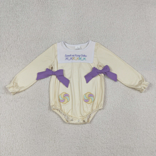 RTS LR2770 Embroidery Sweet as King Cake Baby Girls Mardigras Stripe Ruffle Rompers