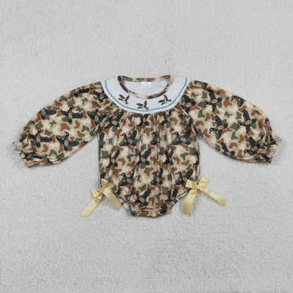 RTS LR2896 Embroidery Ducks Baby Girls Southern Khaki Camo Hunting Ruffle Rompers