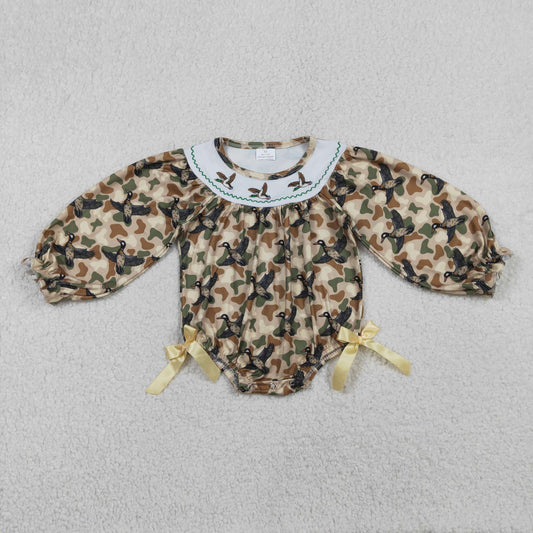 RTS LR2896 Embroidery Ducks Baby Girls Southern Khaki Camo Hunting Ruffle Rompers