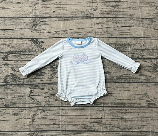 Sample LR2917 Cute Baby Girls Blue Stripe Floral Bows Ruffle Rompers