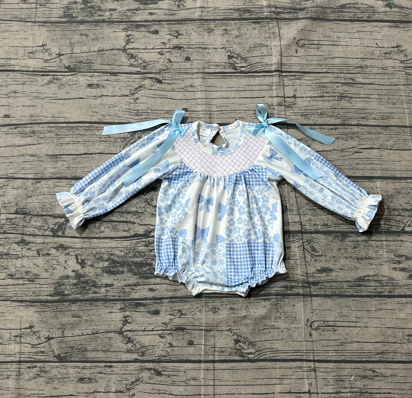 Sample LR2931 Cute Baby Girls Blue Bows Flowers Checked Ruffle Rompers