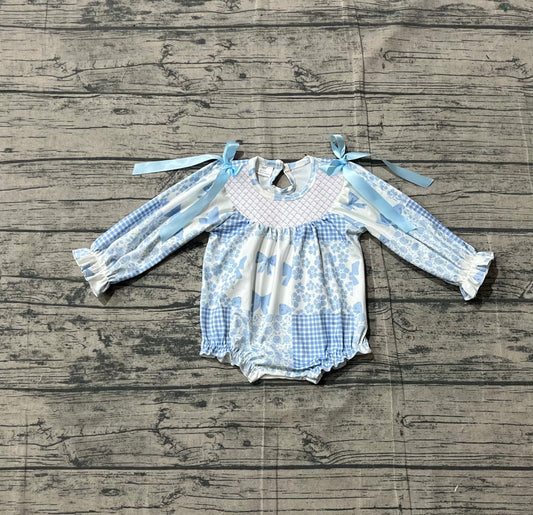 Sample LR2931 Cute Baby Girls Blue Bows Flowers Checked Ruffle Rompers