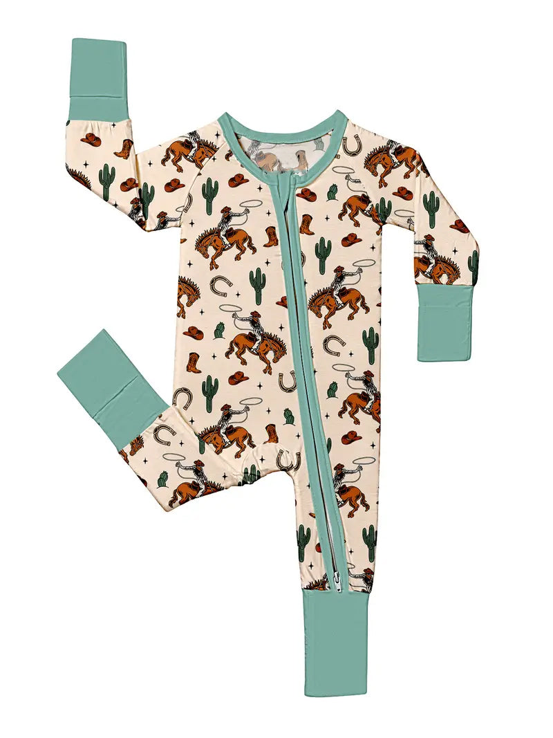 C12.4 LR2963 Baby Boys Cactus Horse Rodeo Boots Western Two Way Zip Convertible Rompers Preorder