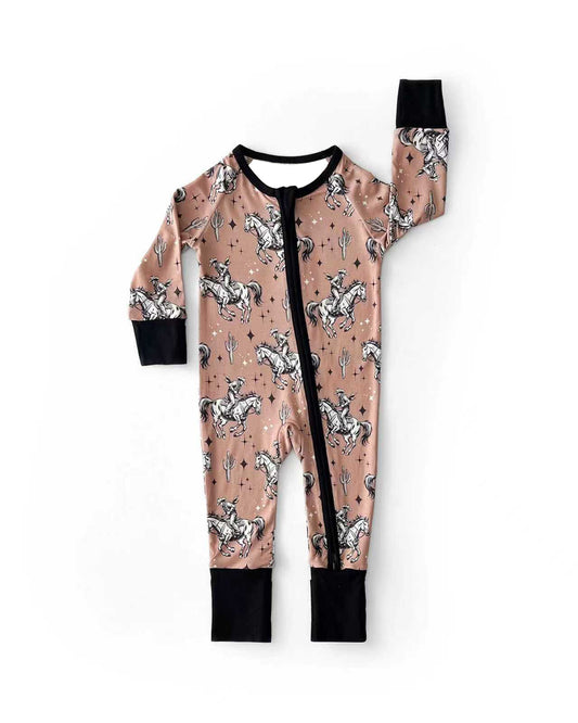 C12.4 LR2965 Baby Boys Cactus Horse Rodeos Western Two Way Zip Convertible Rompers Preorder