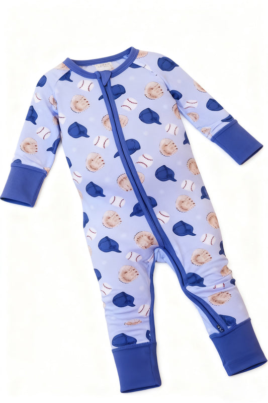 C12.4 LR2966 Baby Boys Blue Hats Baseballs Team Two Way Zip Convertible Rompers Preorder